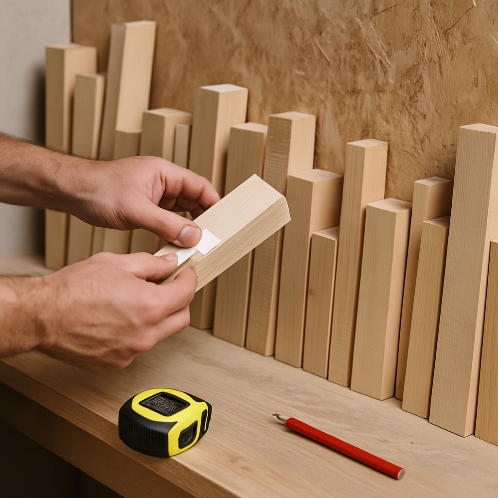 Tradesman organising labelled timber offcuts as a practical method to reduce material waste on site