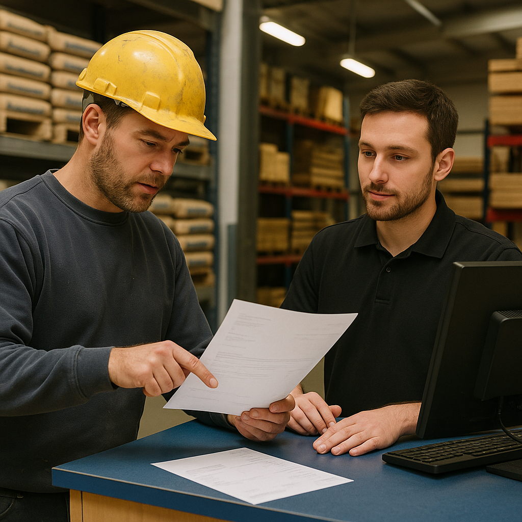 Tradesman reviewing invoice at UK builders' merchant amid rising construction material costs UK