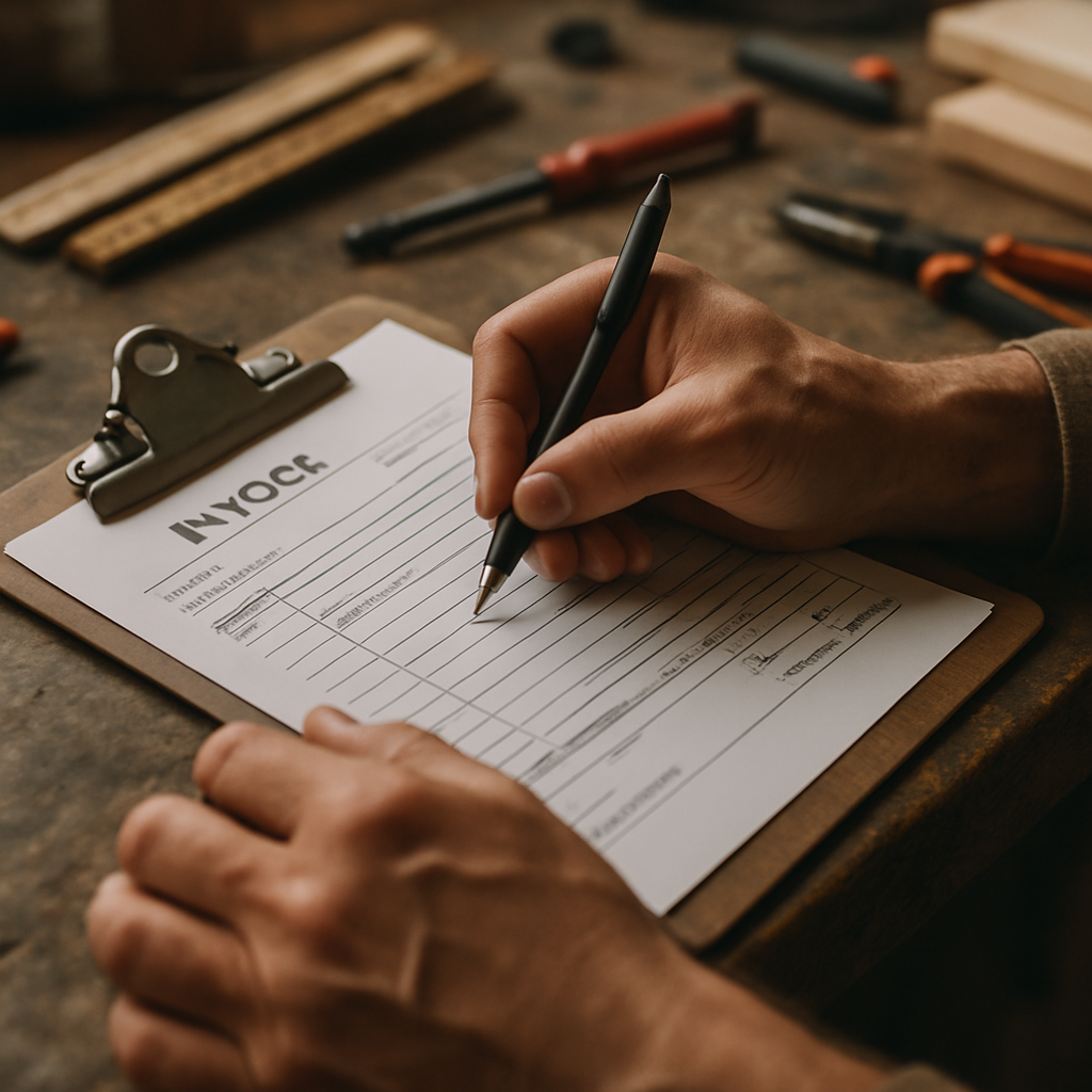 Tradesman writing an invoice on site, a key step when learning how to start a sole trader business as a tradesman in the UK