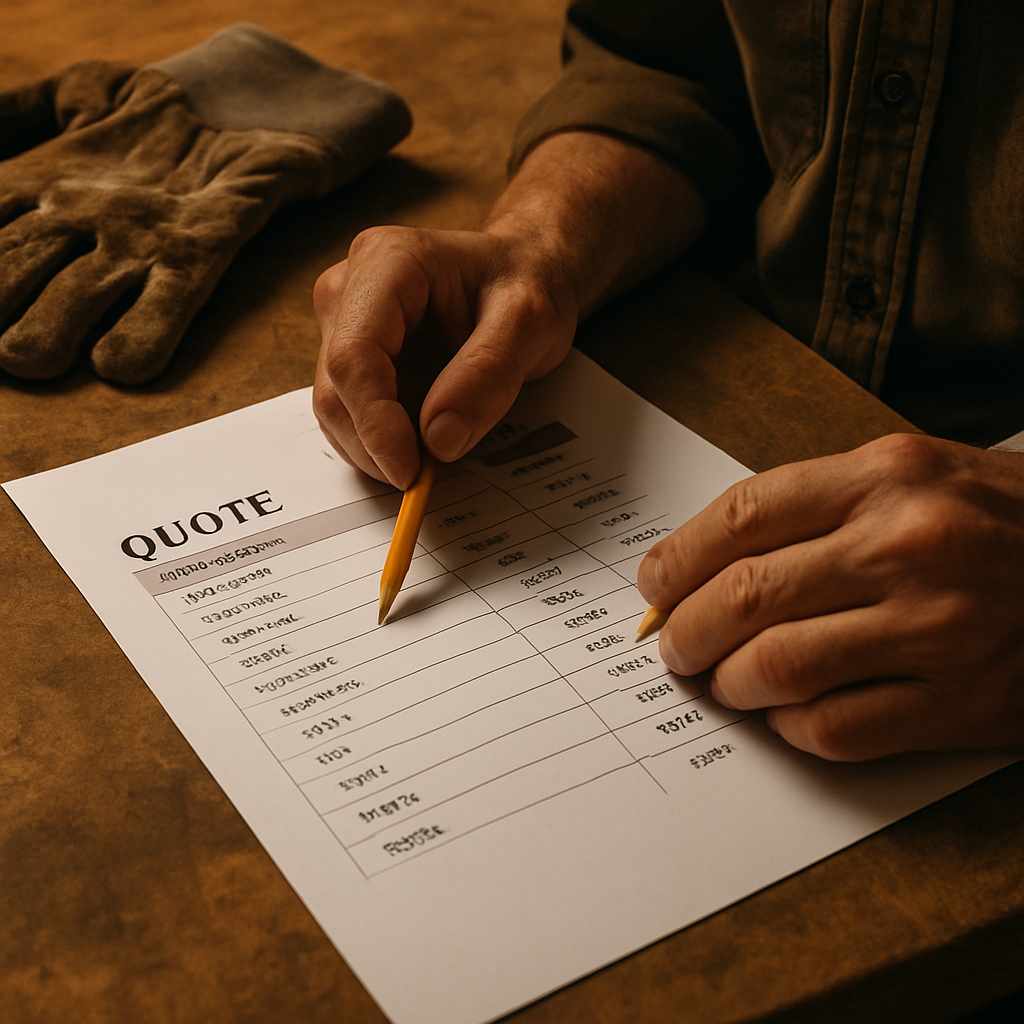 Close-up of a tradesman reviewing a job quote document showing how to price a job correctly