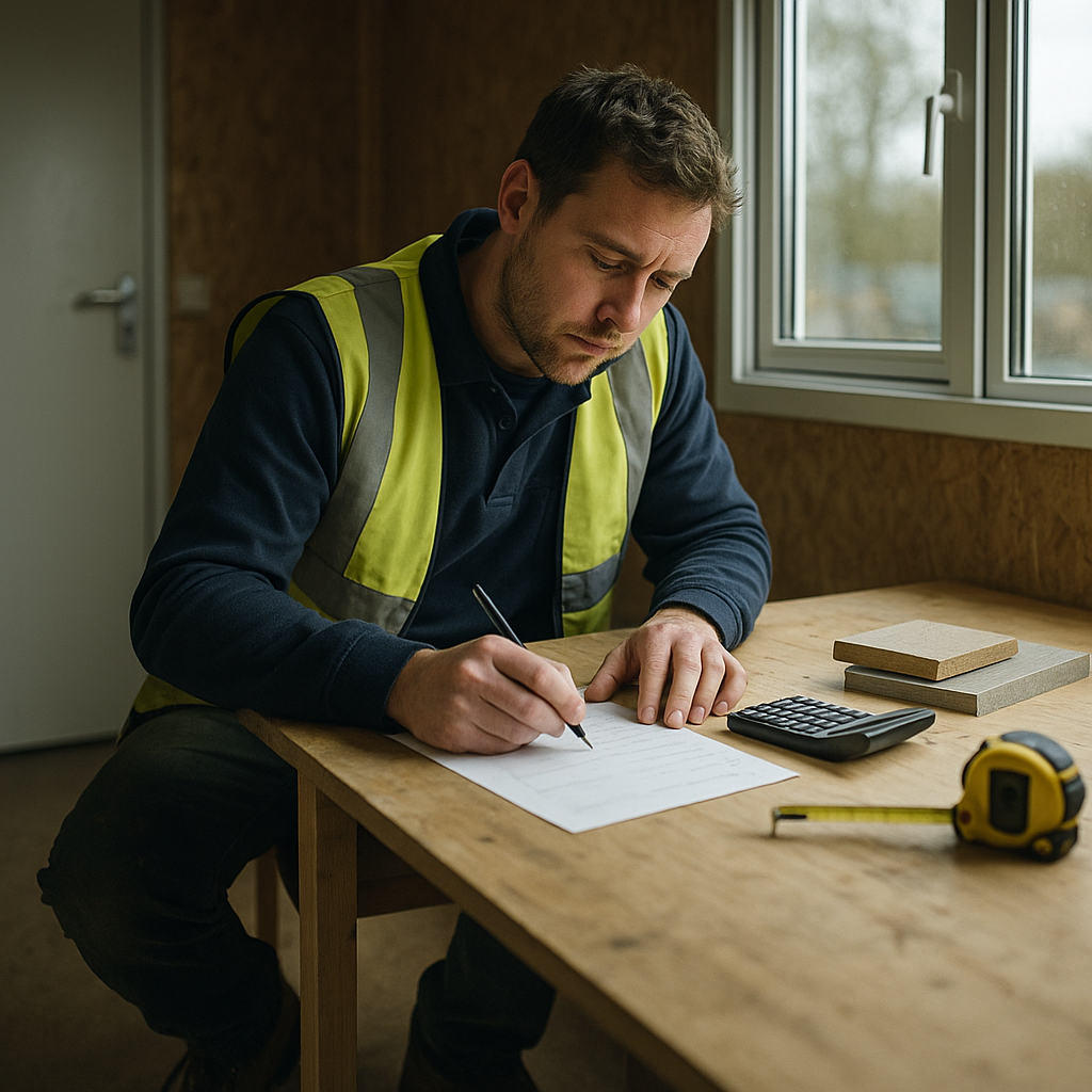 Tradesman calculating how to price a job at a site cabin workbench with materials and calculator