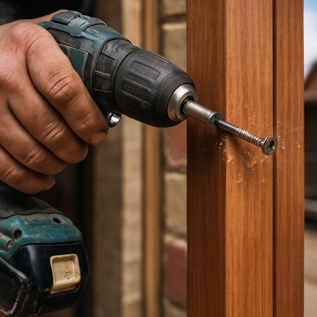Tradesman driving a screw into timber joinery work illustrating screws vs nails vs bolts construction decisions