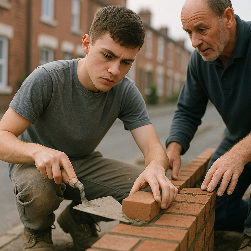Apprentice bricklayer being trained on site as part of addressing the UK construction skills shortage 2026