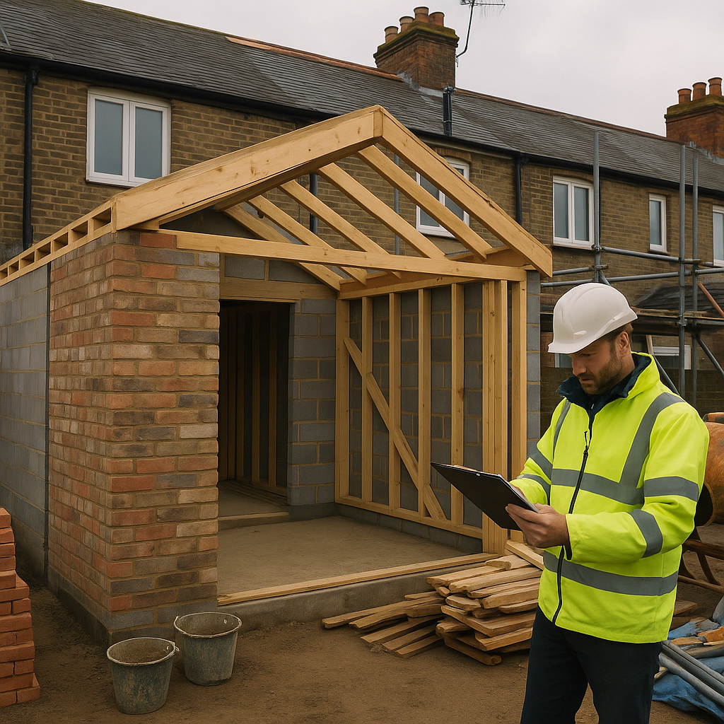 Builder reviewing plans on a UK construction site to manage building project on a budget