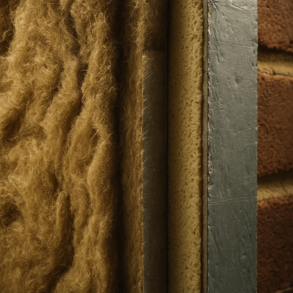 Close-up cross-section of mineral wool and PIR insulation layers showing best insulation materials UK options