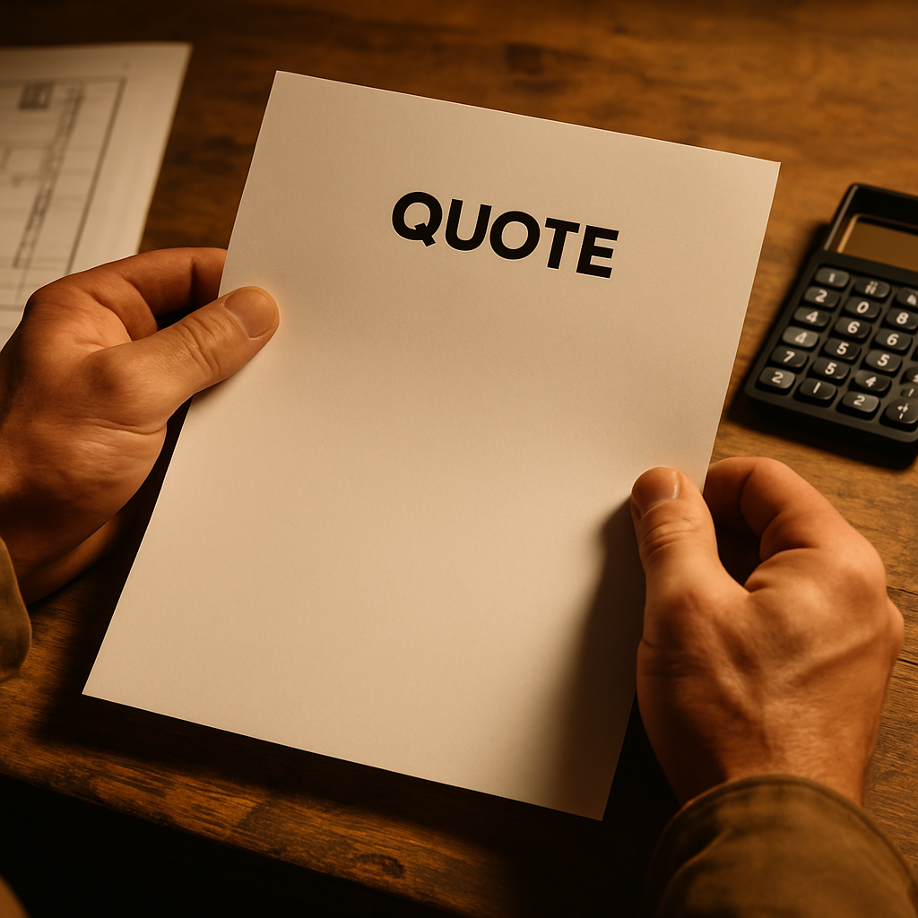 Close-up of a builder's quote document showing how to price a job as a tradesman