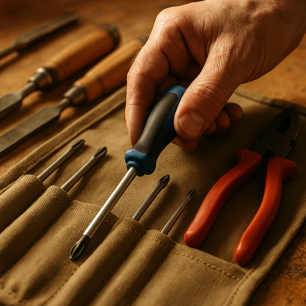 Close-up of a tradesman choosing a screwdriver from a handyman tool kit roll