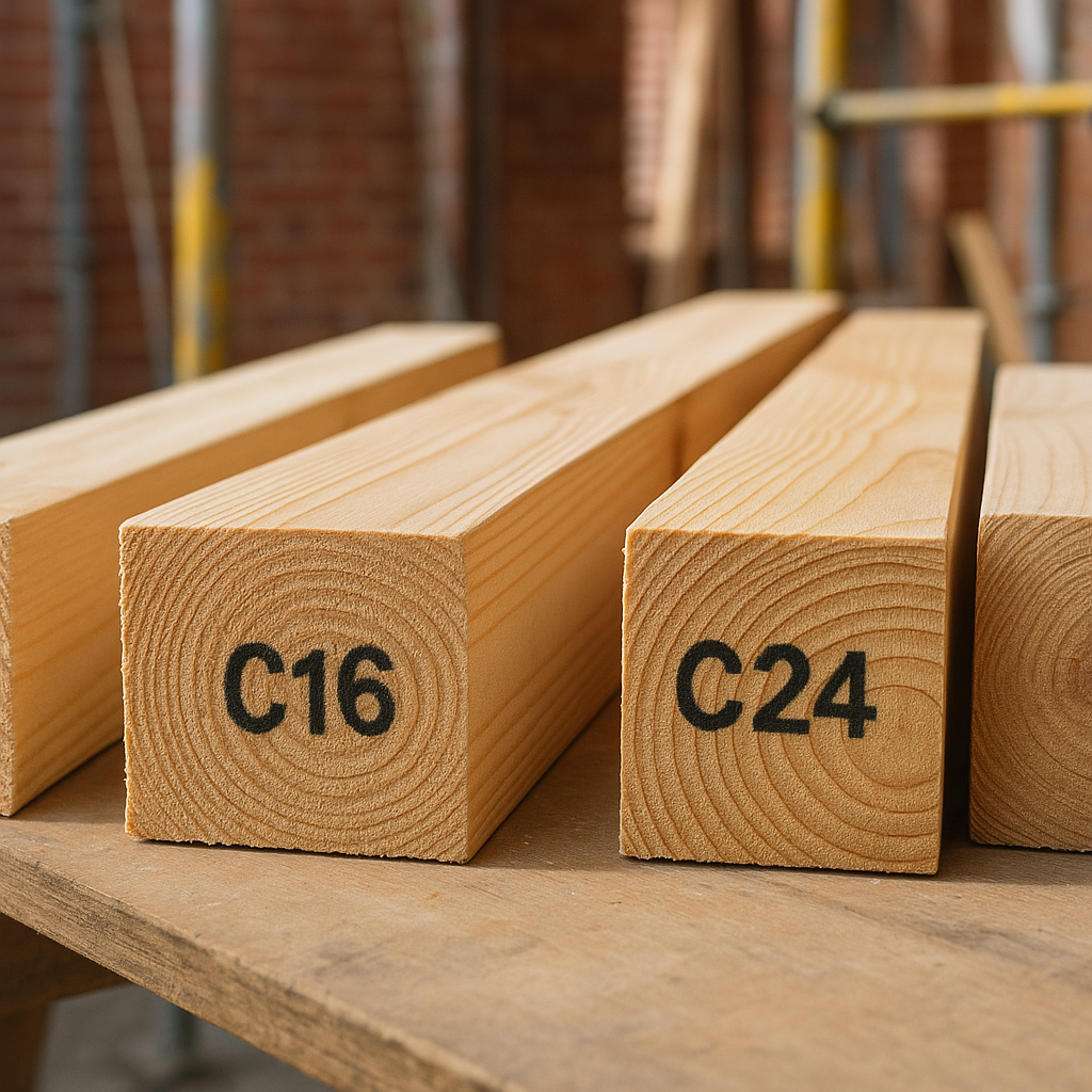 Close-up of graded softwood showing stress grade stamps for types of timber for building UK structures