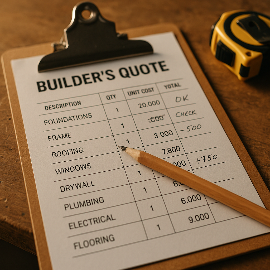 Close-up of itemised line items on a builder's quote showing material costs and labour