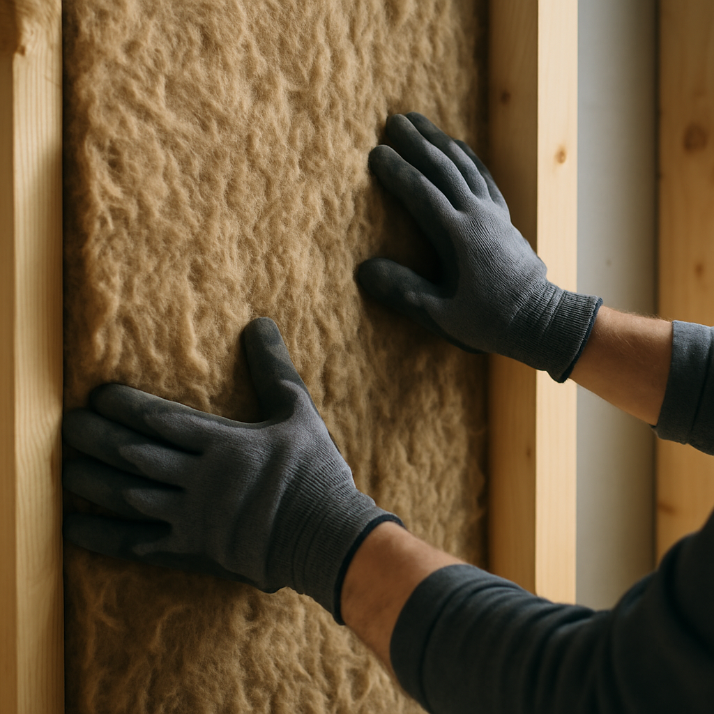 Close-up of mineral wool being fitted into a stud wall, one of the best insulation materials UK tradesmen use