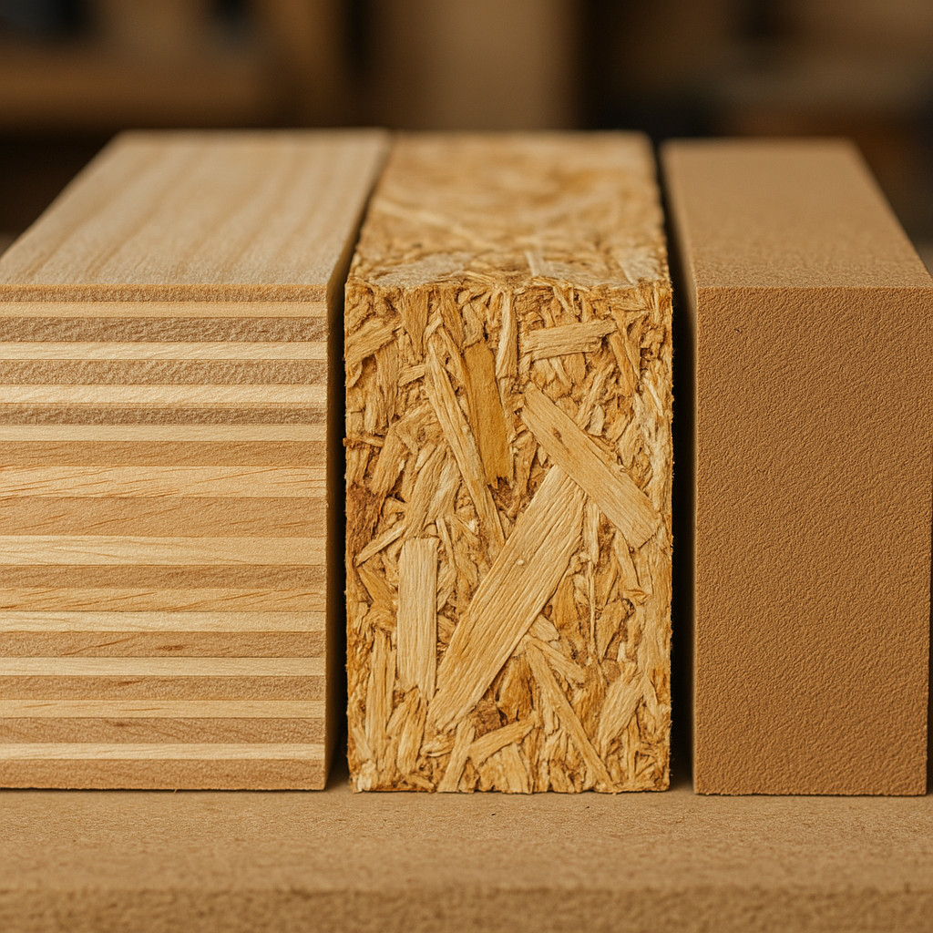 Cross-section edge detail comparing MDF vs plywood vs OSB sheet materials