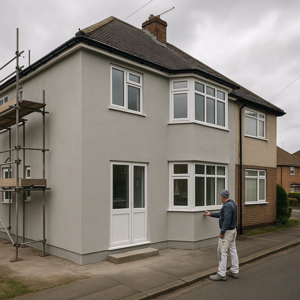 Plasterer inspecting monocouche render finish on a UK semi-detached house exterior — best external render finish UK