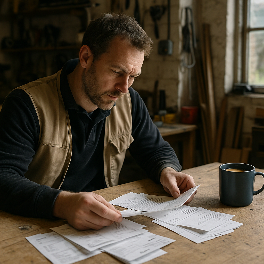 Self employed tradesman reviewing tax paperwork in a British workshop, illustrating self employed tradesman tax tips UK