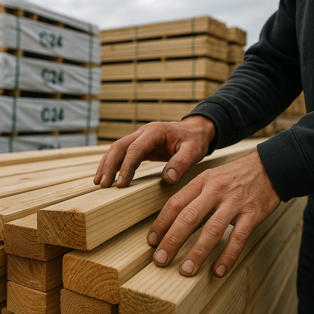 Structural timber at a UK builders merchant for managing building project materials on a budget