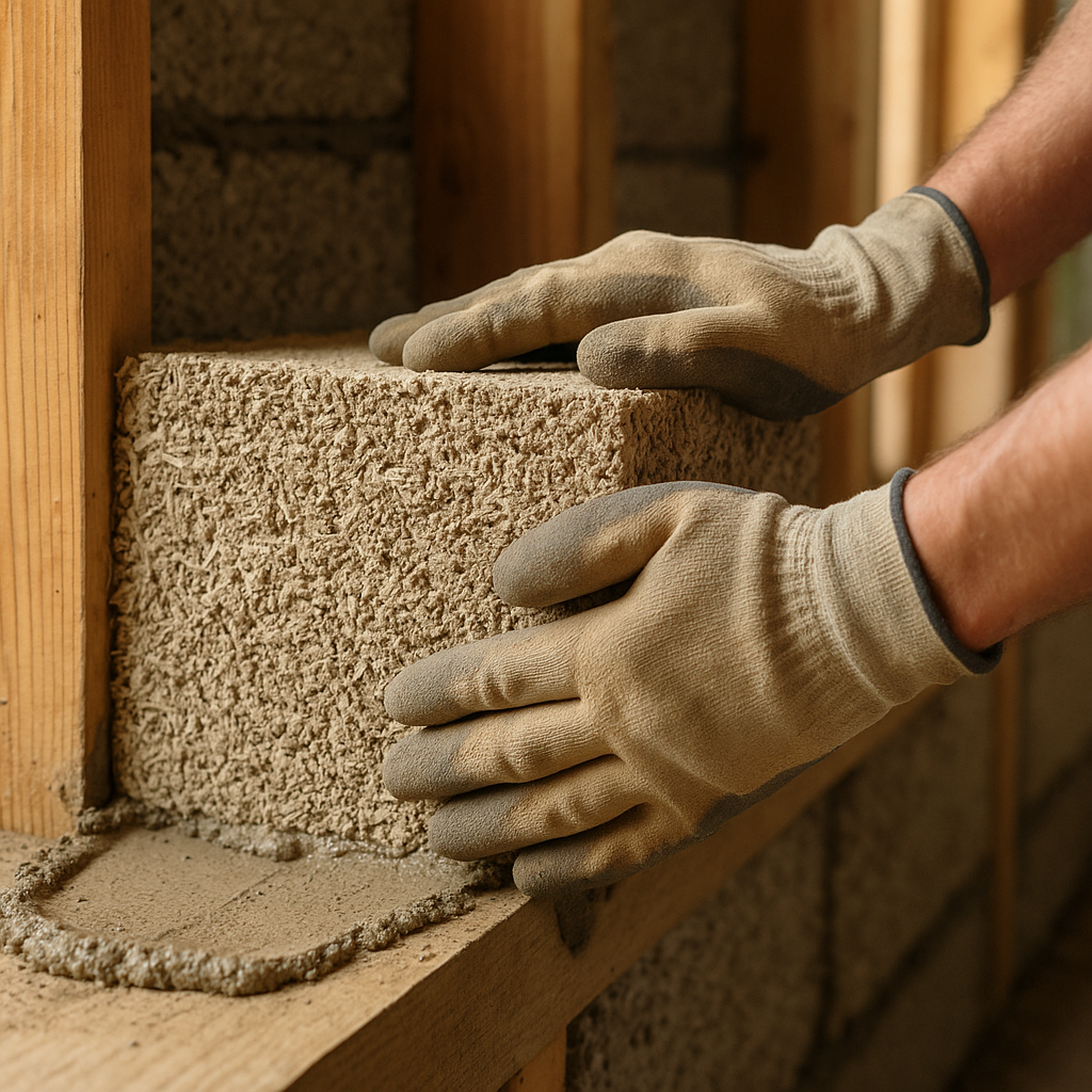 Tradesman laying hempcrete blocks, a key sustainable building material used on UK sites