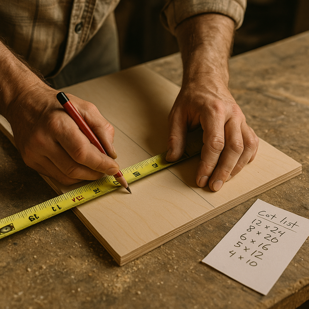 Tradesman planning material cuts to reduce building site waste on a construction job