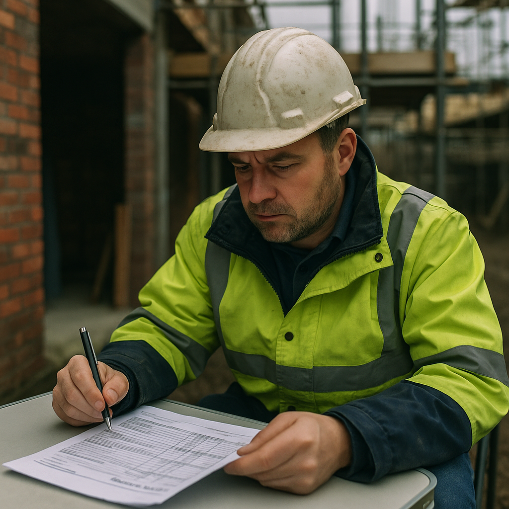 Tradesman reviewing how to read a builder's quote on a UK construction site