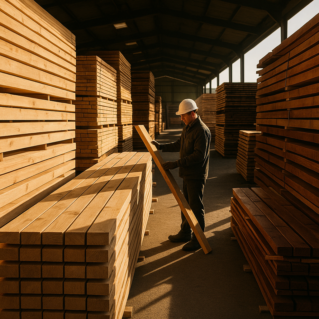 Tradesman selecting types of timber for building UK projects at a busy timber yard