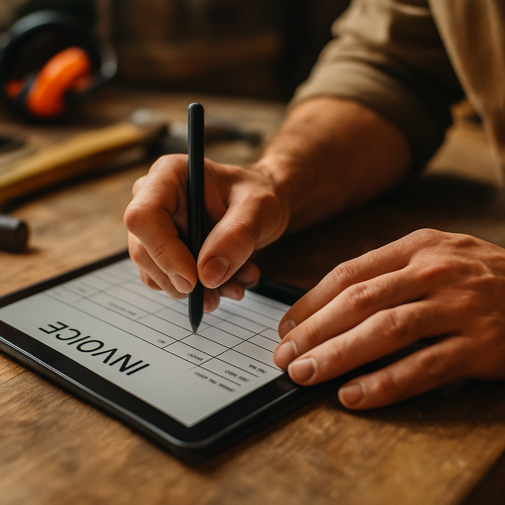 Tradesman setting up invoicing, a key step in how to start a trade business UK