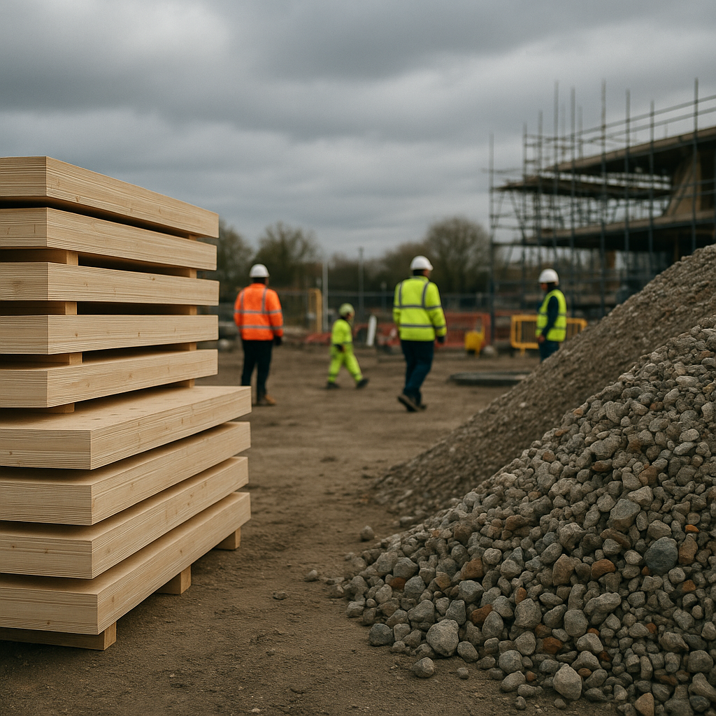 UK construction site with sustainable building materials including CLT panels and recycled aggregates
