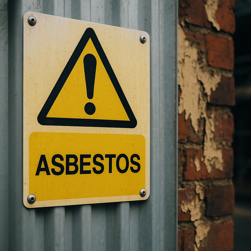 Asbestos warning sign on construction site hoarding illustrating construction site signage requirements