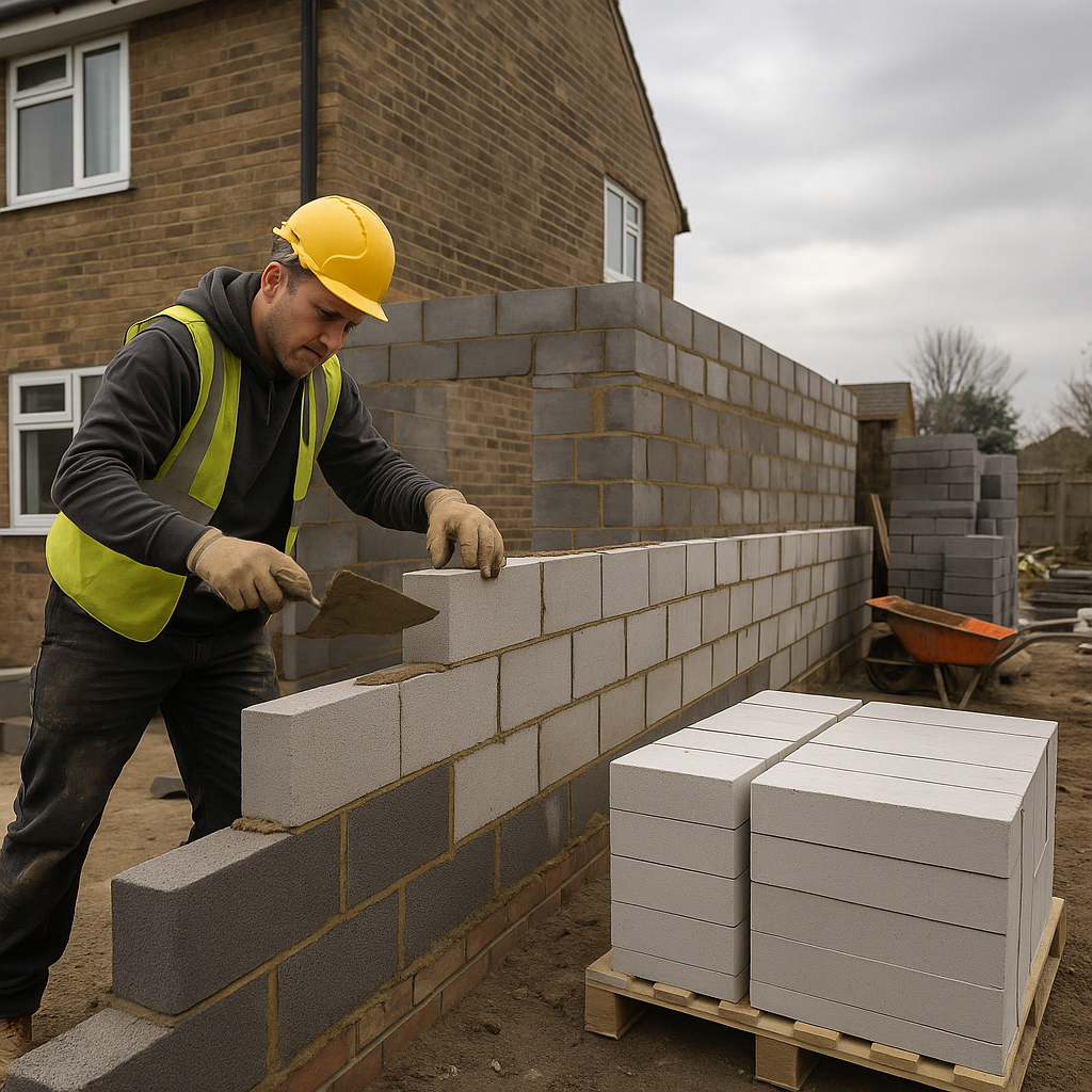 Bricklayer laying blockwork on a UK extension site illustrating concrete block vs aircrete block selection