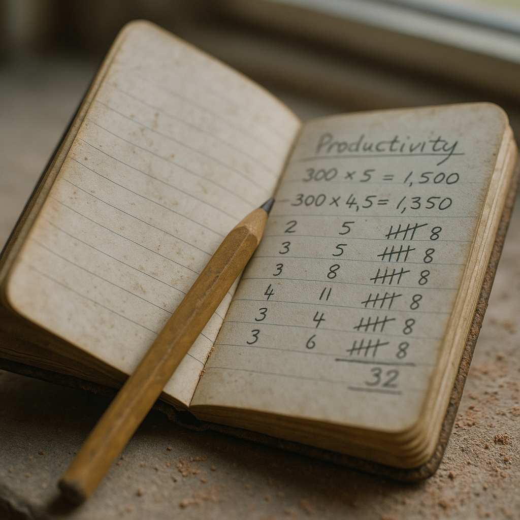 Builder's notebook with handwritten labour hour calculations for how to estimate labour hours construction UK