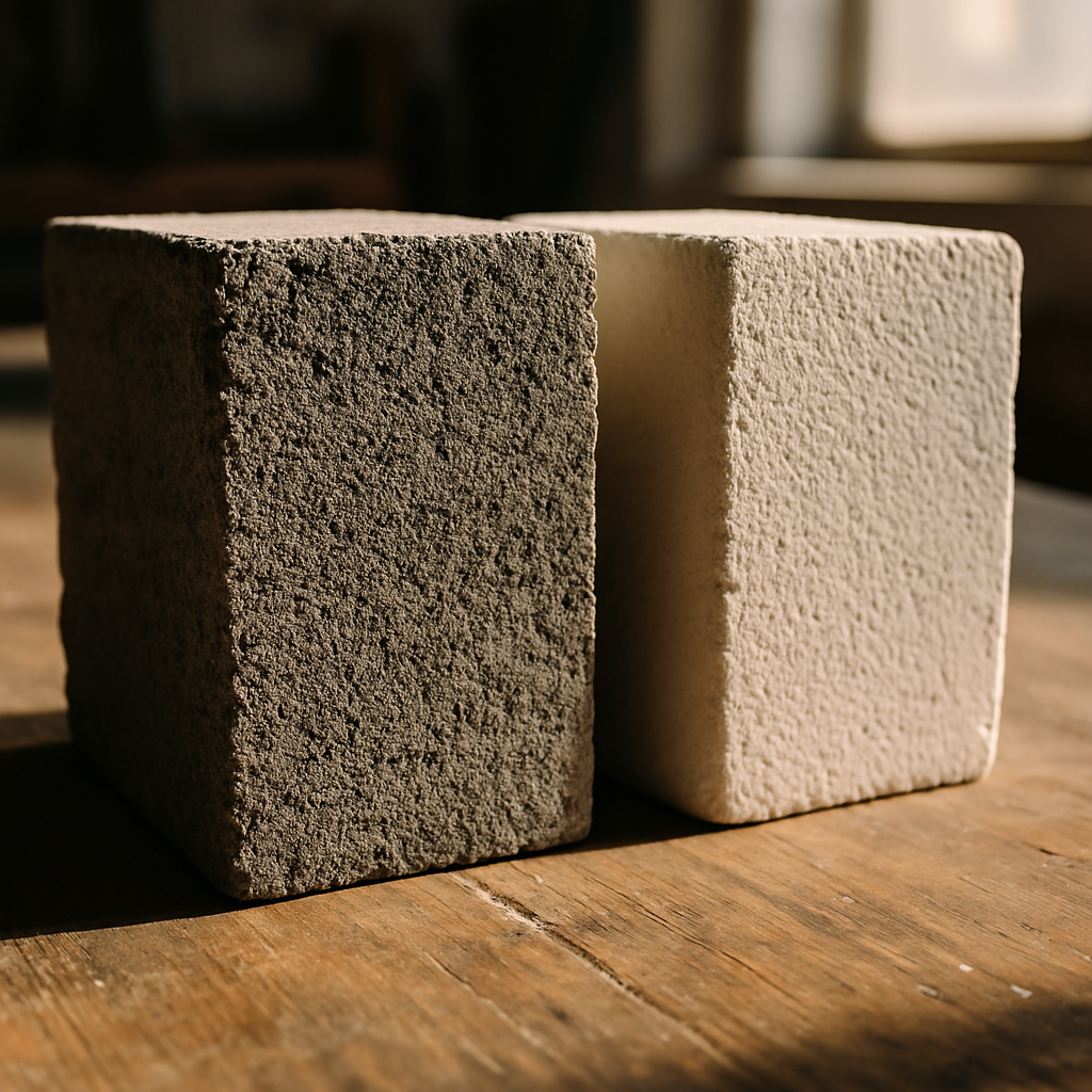 Close-up comparison of dense concrete block and aircrete block showing the textural difference relevant to concrete block vs aircrete block decisions