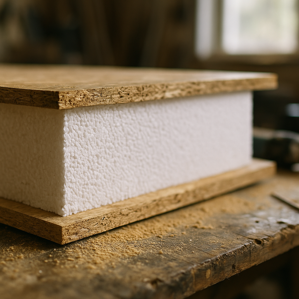 Close-up cross-section of SIP panels UK showing EPS foam core and OSB skins
