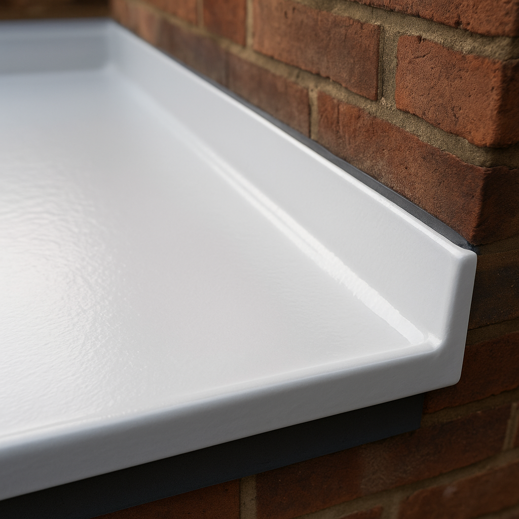 Close-up of GRP fibreglass flat roofing system edge detail on a UK building extension