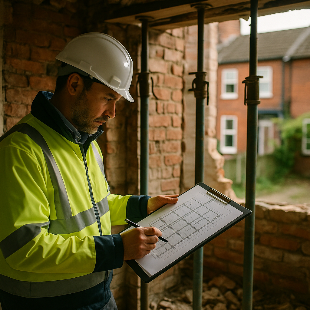 Structural engineer reviewing drawings on site — guidance on when to hire structural engineer UK