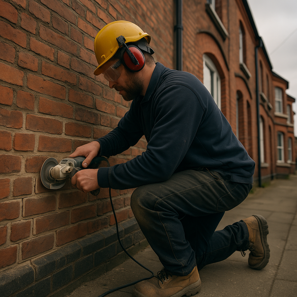 Tradesman repointing brickwork mortar mix UK Victorian terrace exterior