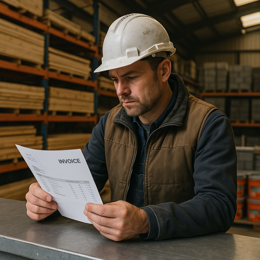 UK tradesman reviewing invoice at builders merchant counter for trade credit account