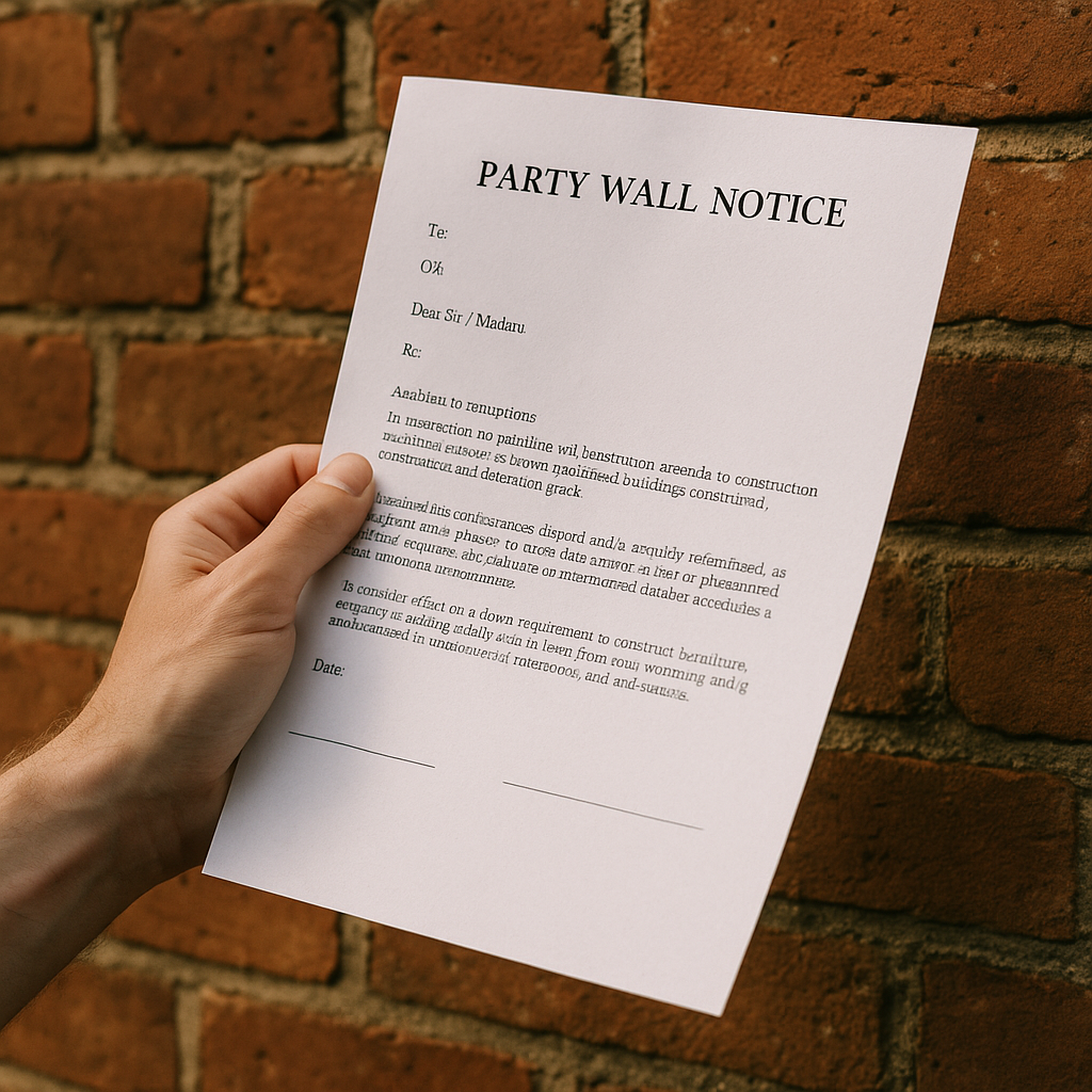 Party wall agreement UK builder notice letter held against a brick party wall